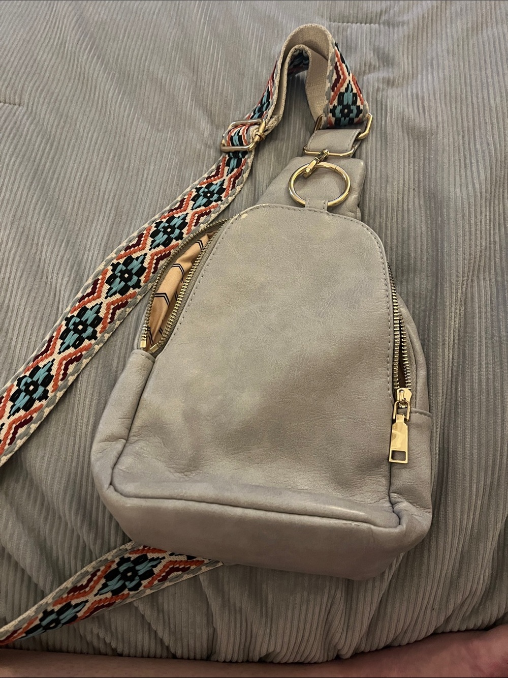 Gray Crossbody Sling Bag with Patterned Strap